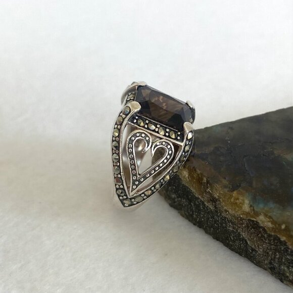 Sterling Silver 925A Rectangular Smoky Quartz & Marcasite Heart Ring Sz 5.75 - Picture 5 of 16